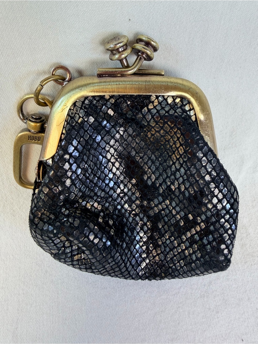 HOBO Run Frame pouch Black Metallic Kiss-Lock Coin Purse with Gold-Tone Frame